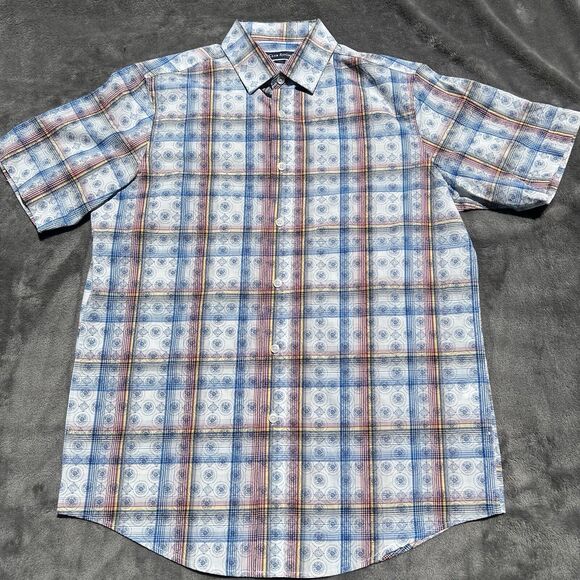 Club Room Shirt Mens Small Short Sleeve Blue Geometric Print Minimal‎ To No Wear - Picture 1 of 9